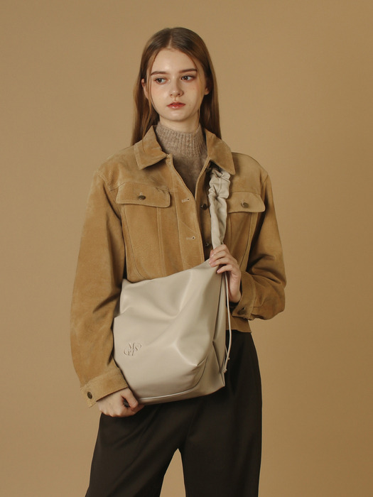 Leather 2way shirring hobo bag _ Beige gray