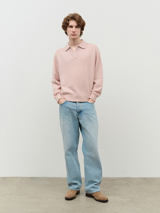 UNISEX OPEN COLLARED CASHMERE SWEATER SOFT PINK_M_UDSW4D137P1