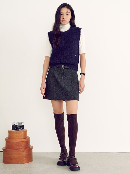 Belted Wool Mini Skirt  Grey (KE4X27M013)