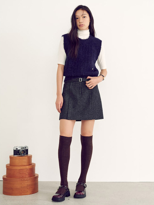 Belted Wool Mini Skirt  Grey (KE4X27M013)