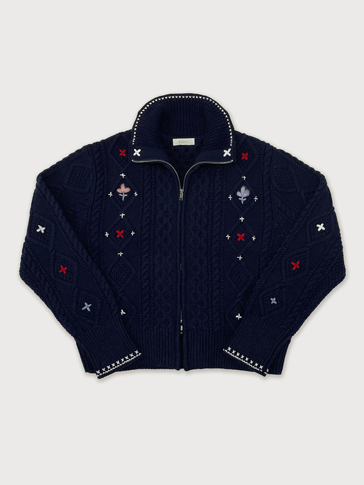 Alps Knit Zip-up Cardigan Flower Stitched by Hand_NAVY