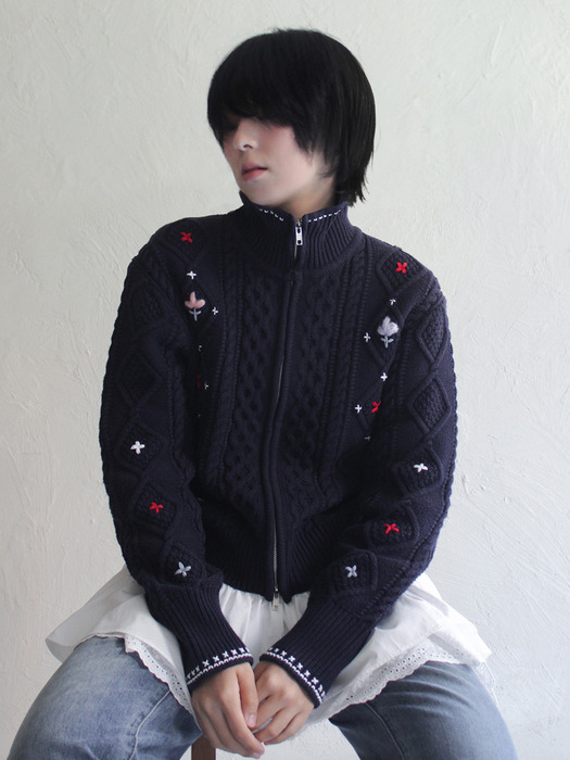 Alps Knit Zip-up Cardigan Flower Stitched by Hand_NAVY