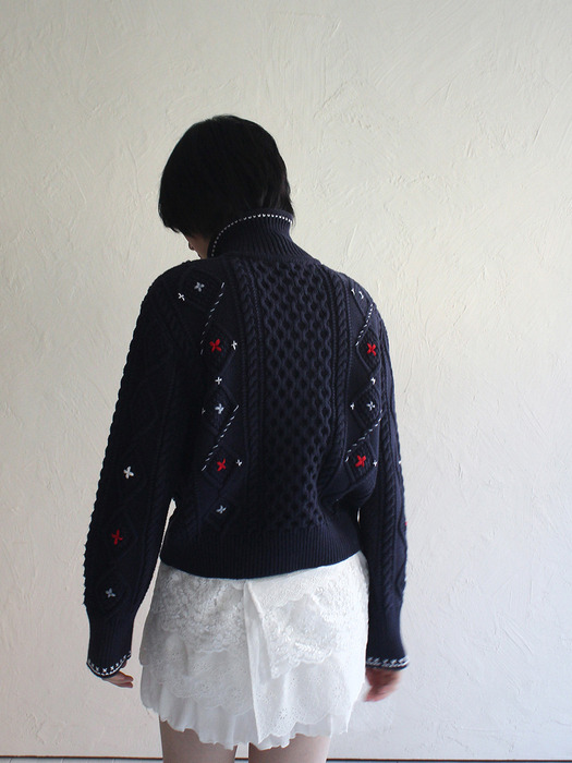 Alps Knit Zip-up Cardigan Flower Stitched by Hand_NAVY