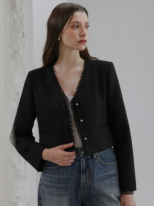 Harry Collarless Tweed Jacket [Black]