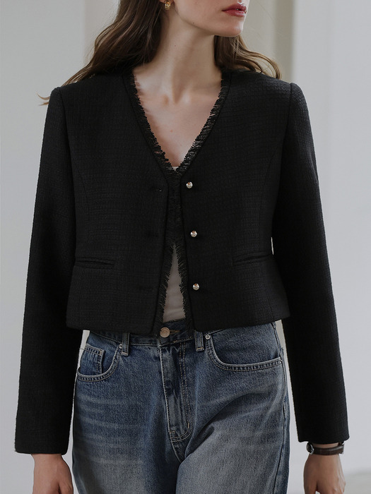 Harry Collarless Tweed Jacket [Black]