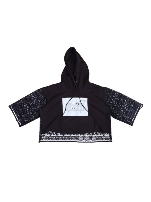 BLACK CAT LACE SLEEVE CROP HOODIE