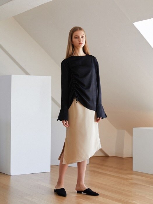 Unbalance Shirring Skirt - Beige