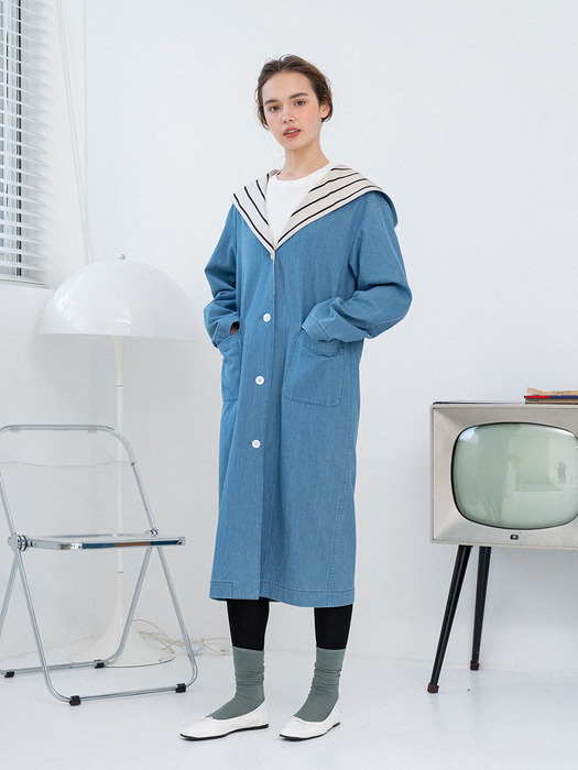 STRIPE POINT HOODED DENIM COAT (JTSC302)