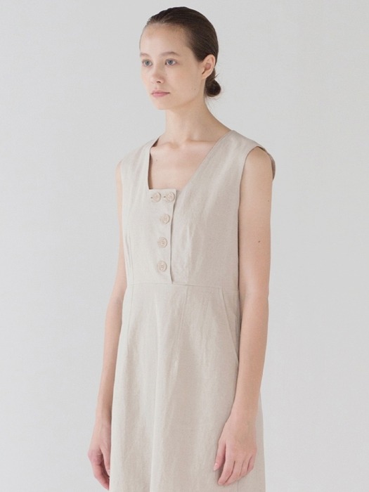 Linen Square Neck Dress - Ecru