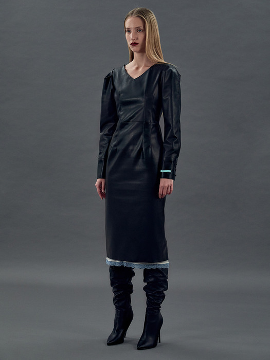 [EXCLUSIVE]Puff-sleeve faux-leather dress