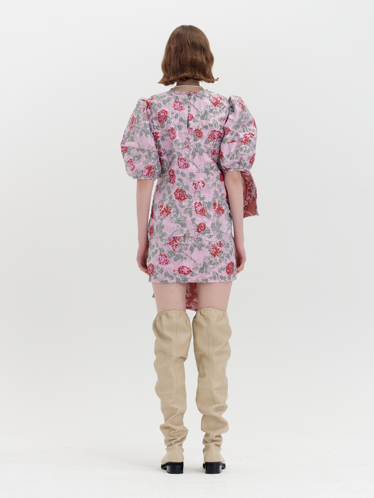 QISNANA Floral Patterned Puff-sleeved Dress - Pink