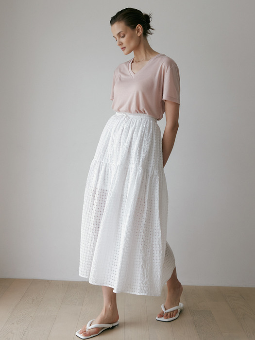 Melo Check Seersucker Tiered Skirt (White)