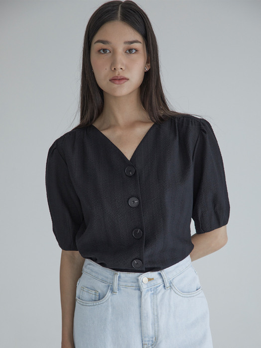 V-Neck Puff Sleeve Shirts(Black)