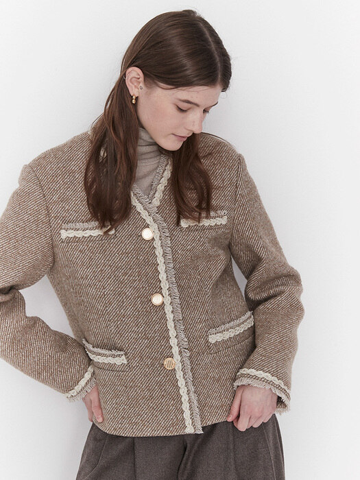 FRINGE TWEED WOOL JACKET (mocha beige)