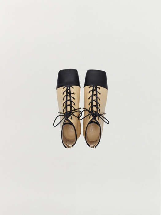TADIE Lace Up Flat Boots - Beige/Black