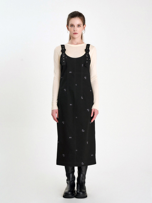 DICE EMBROIDERY OVERALL DRESS - BLACK