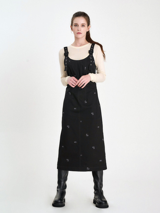 DICE EMBROIDERY OVERALL DRESS - BLACK