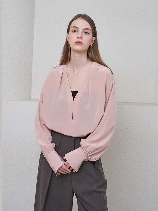 Shirring Puff Sleeve Silk Blouse Ash Pink