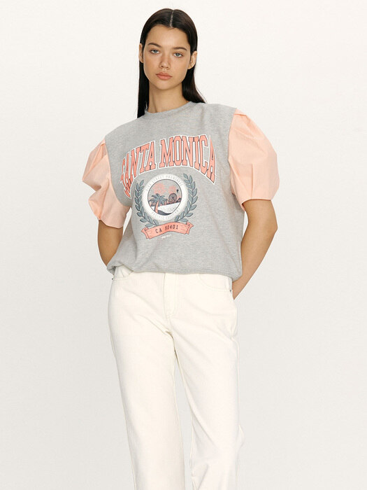 [N]SANTA MONICA Volume sleeve city artwork sweatshirt (Gray&Peach)