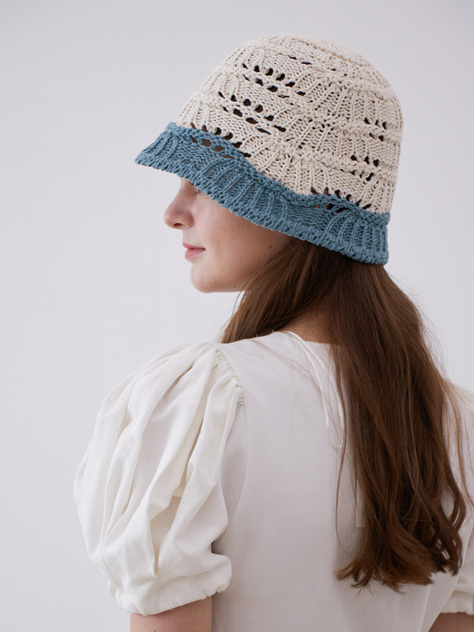 [단독] Shell Paper Knit Bucket Hat (Ivory & Blue)