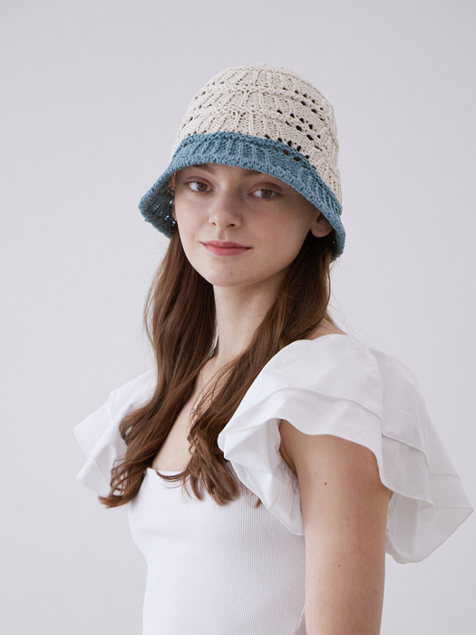 [단독] Shell Paper Knit Bucket Hat (Ivory & Blue)