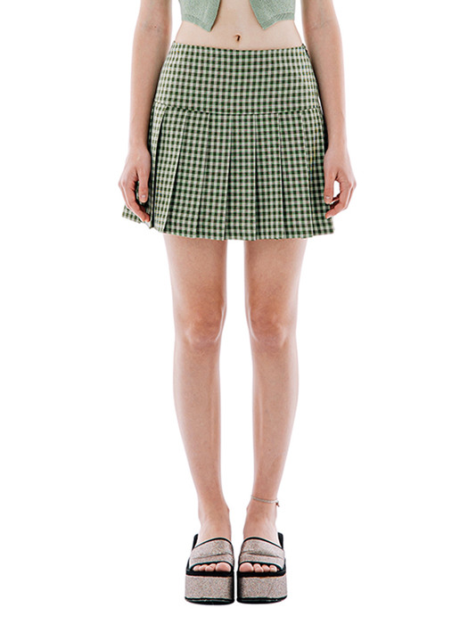 CHECK PLEATED MINI SKIRT [GREEN]