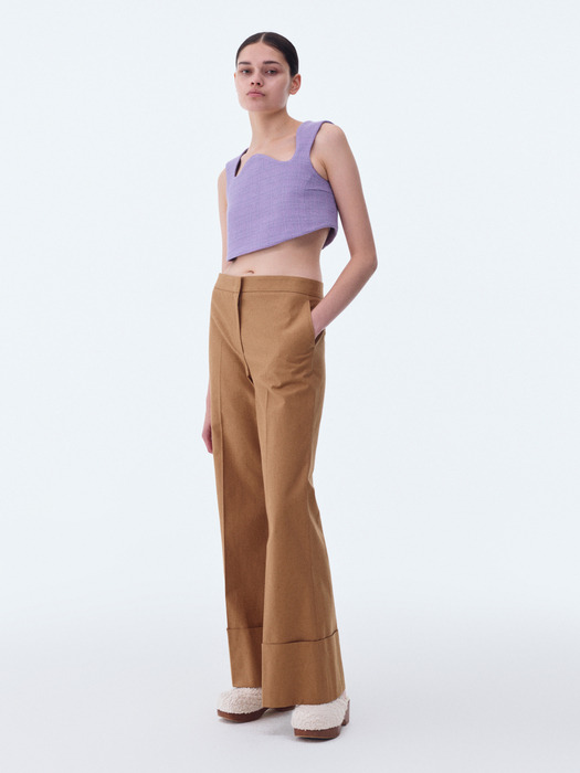 70S BOHEMIAN BIG ROLL UP FLARE PANTS (DARK BEIGE)