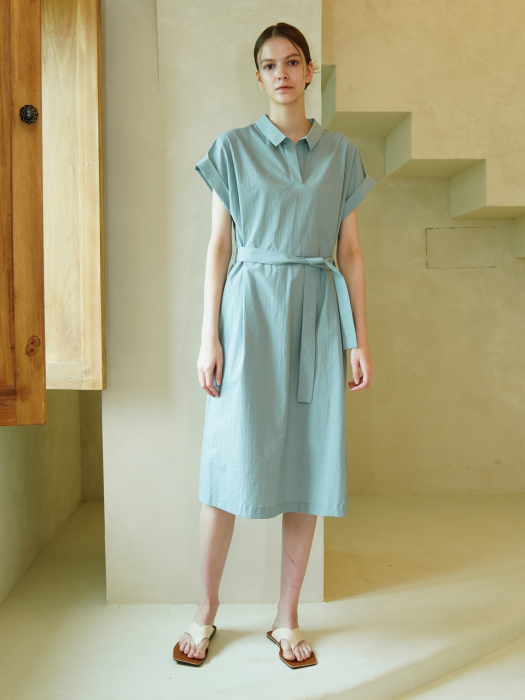 Punching Detail Collar Neck Dress _ L.Blue