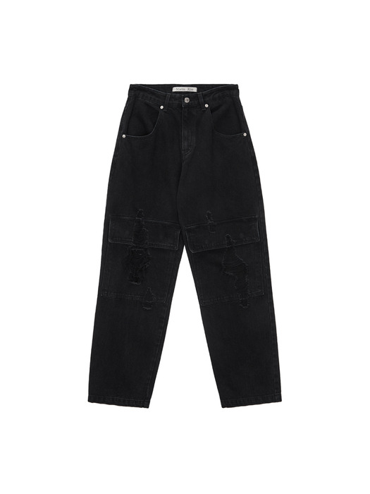 KNEE POCKET DAMAGE DENIM PANTS IN BLACK