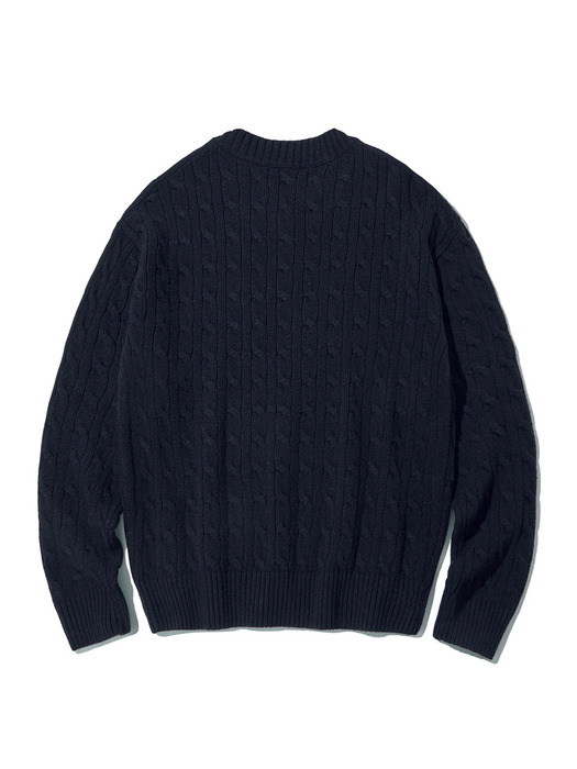 Cable V-neck Wool Sweater_Dark Navy