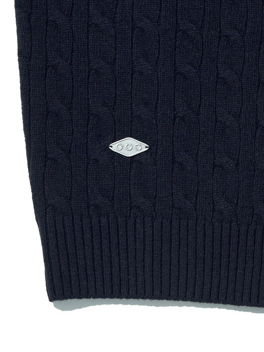 Cable V-neck Wool Sweater_Dark Navy