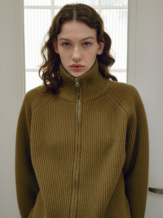 [Women] Wool Cotton Line Ribbed Zip-Up (Olive)