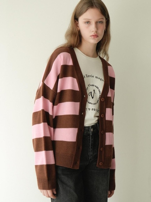 Wool Stripe V-neck Knit Cardigan (Brown)
