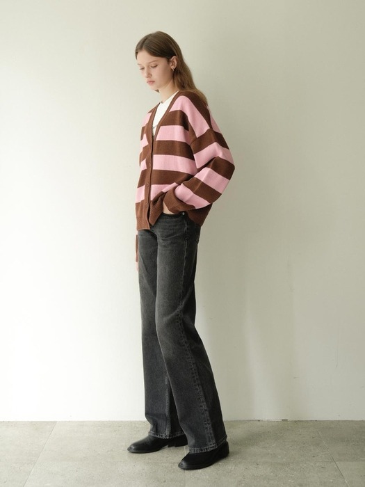 Wool Stripe V-neck Knit Cardigan (Brown)