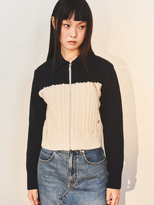 Cable Zip Up Knit Cardigan  Navy (KE3X5AM03R)