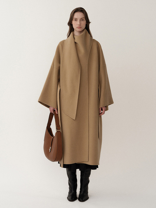 Draped Scarf Handmade Coat Camel