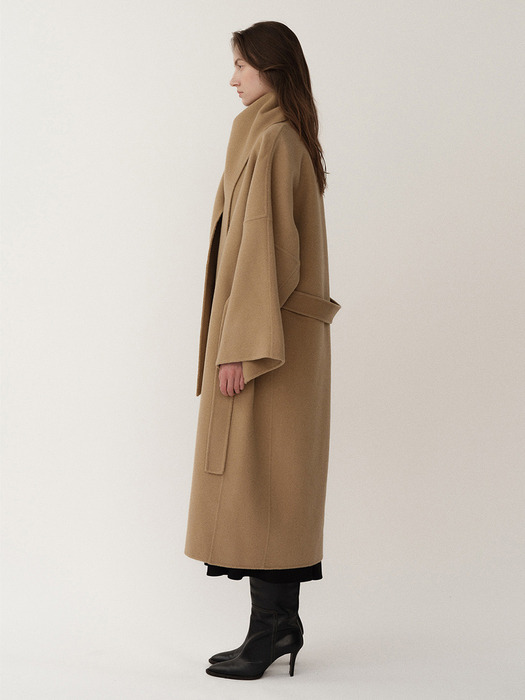 Draped Scarf Handmade Coat Camel