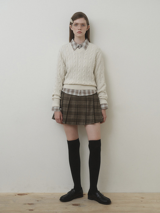 Check Pleats Mini Skirt Beige