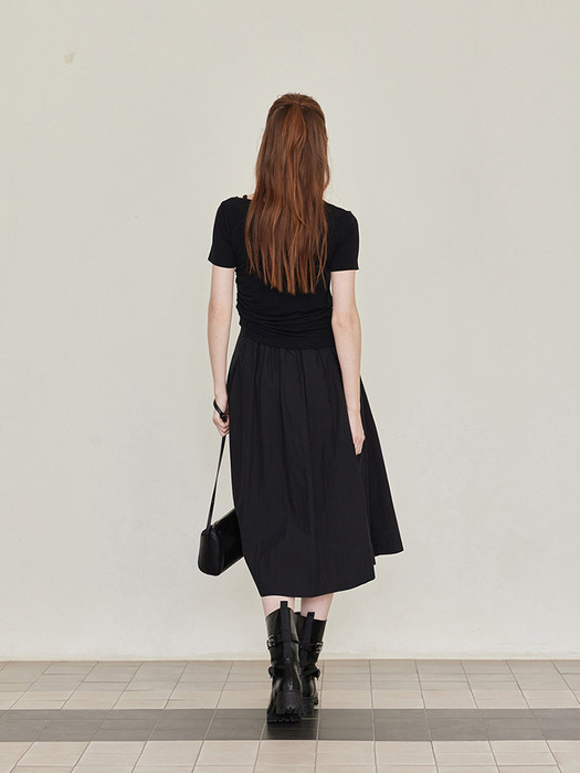 Pleated Banding Long Skirt - Black