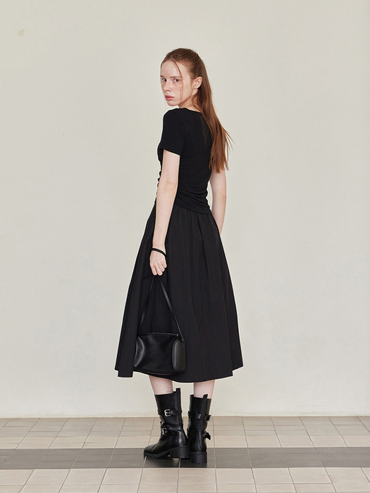 Pleated Banding Long Skirt - Black