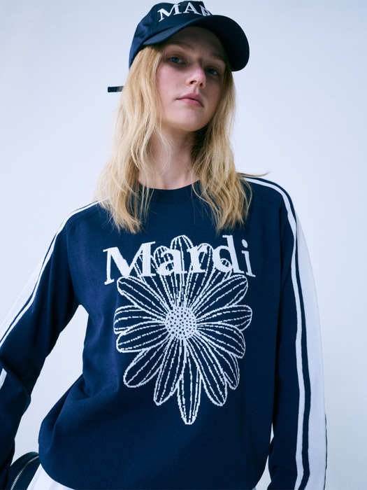 STRIPE SLEEVE MARDI FLOWER KNIT PULLOVER_NAVY IVORY