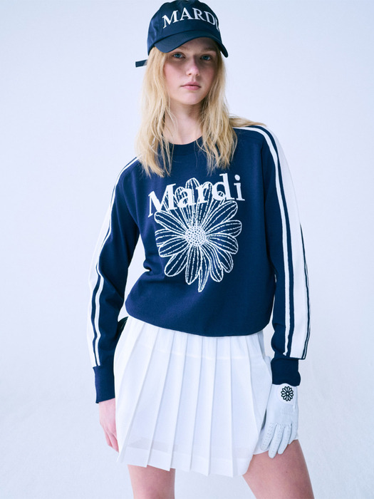 STRIPE SLEEVE MARDI FLOWER KNIT PULLOVER_NAVY IVORY