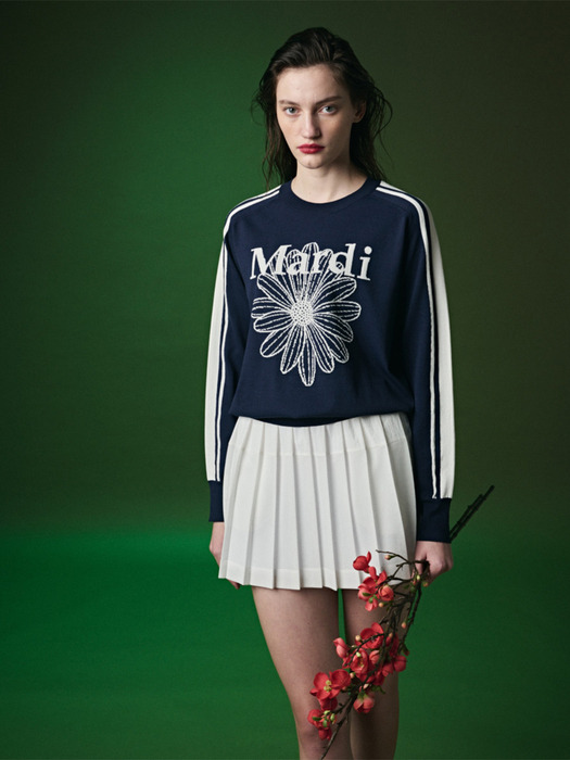 STRIPE SLEEVE MARDI FLOWER KNIT PULLOVER_NAVY IVORY