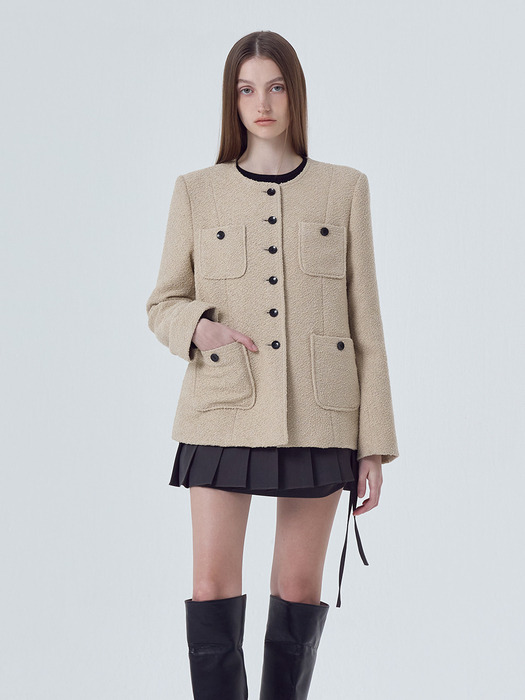 Pocket Boucle Tweed Jacket, Beige