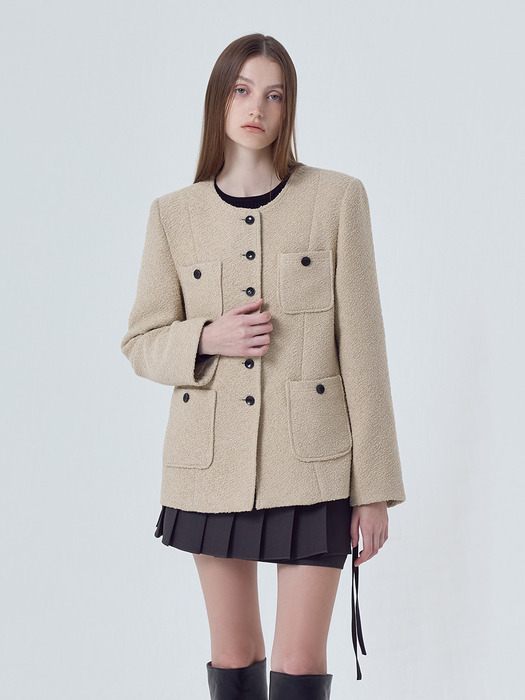 Pocket Boucle Tweed Jacket, Beige