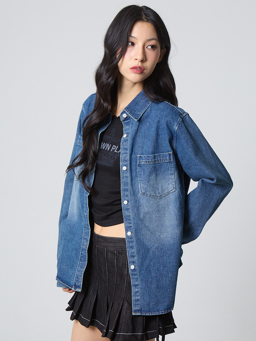 웨스턴 워싱 데님 셔츠 미디엄 샌드 블루_Western Washed Denim Shirt Medium Sand Blue