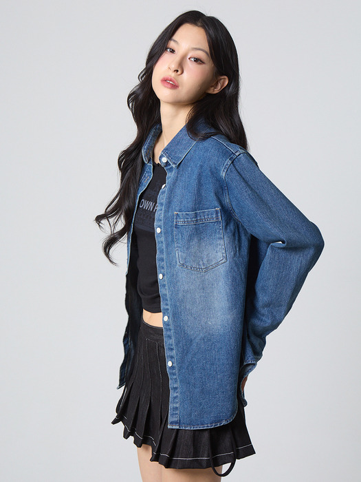 웨스턴 워싱 데님 셔츠 미디엄 샌드 블루_Western Washed Denim Shirt Medium Sand Blue