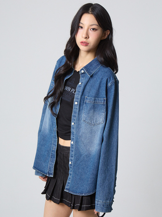 웨스턴 워싱 데님 셔츠 미디엄 샌드 블루_Western Washed Denim Shirt Medium Sand Blue