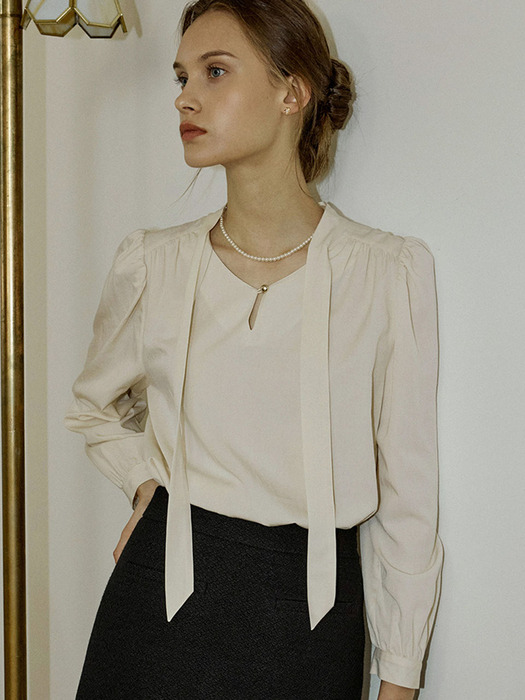 Scarf Tie Goldish Blouse - Light Beige