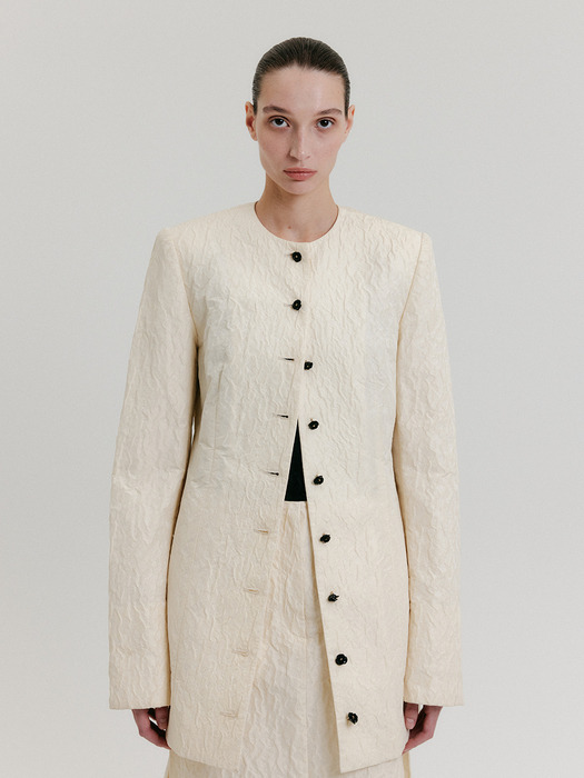 ZACQI Round Neck Long Jacket - Cream